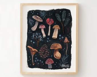 Mushroom art Autumn fall mycology mycologist Nursery Art modern print// Shelley Couvillion