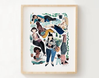 Mothers and Babies Breastfeeding Watercolor Print - Hipster Mom - Mom Birthday Gift - Newborn Baby - New Mom Gift, Nursery Art