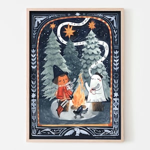Pumpkin and Spice Holiday Bonfire - Spooky Cute Winter Illustration | Pumpkin Skeleton Girl & Ghost, Cozy Gothic Decor