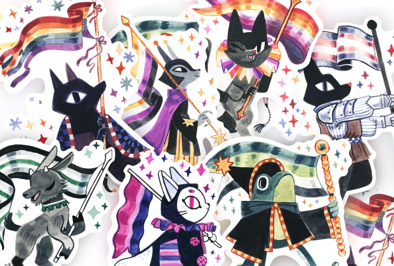 May include: A collection of colorful stickers featuring cartoon animal characters holding flags with various pride flag designs. The stickers have a white border and are decorated with stars. The characters are in various outfits.