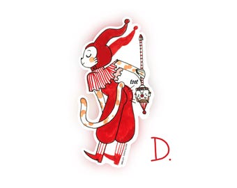 May include: A whimsical sticker featuring a cartoon jester character in red and white attire. The jester holds a lantern and the word "toot" is written on the character's back. The letter "D" is written in red.