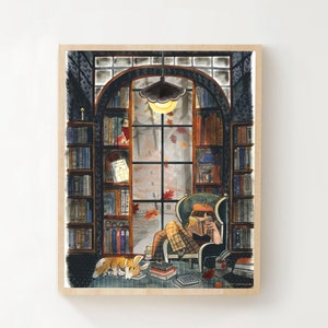 Kismet - Cozy Autumn Bookstore Reading Nook Print / Corgi / Cat // Shelley Couvillion
