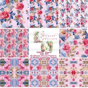 Elegant Florals Digital Paper, 12x12 Floral Pattern, 300 DPI Paper Pack, Watercolor Floral Paper, Layering Paper Sheets