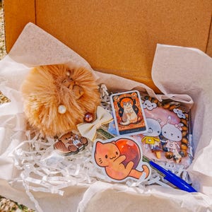 Peut inclure: Une boîte cadeau contenant divers articles : un pompon orange duveteux, une carte de tarot sur le thème des chats, des autocollants, un nœud et un stylo bleu. La boîte est doublée de papier blanc.