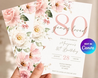 80th Birthday Invitation | 80 years loved Invite | Canva Template