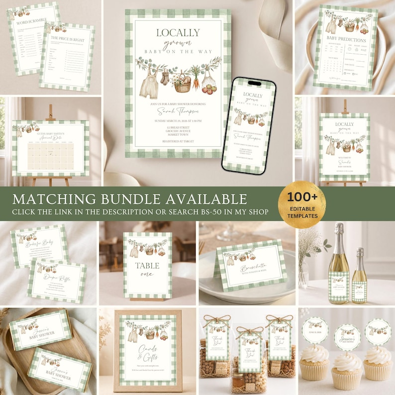 Op de afbeelding: Een collectie van babyshower briefpapier sjablonen met een groen-witte vichy-ruitrand en aquarelillustraties van babykleding en groenten aan een waslijn, inclusief uitnodigingen, borden en labels voor bedankjes.