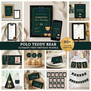 May include: A selection of party decorations and stationery featuring a Polo Teddy Bear design. Includes invitations, menu cards, and cupcake toppers. The colour scheme is dark green, navy, and gold. The text reads "Harrison's First Birthday".