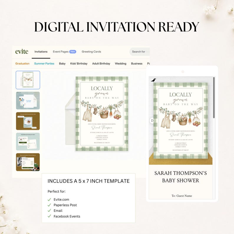 Op de afbeelding: Een digitaal uitnodigingssjabloon voor een babyshower met een lichtgroene gingham-rand en een aquarelillustratie van babykleding en groenten aan een lijn. De tekst luidt LOCALLY grown BABY ON THE WAY en bevat een sjabloon van 12,7 x 17,8 cm.