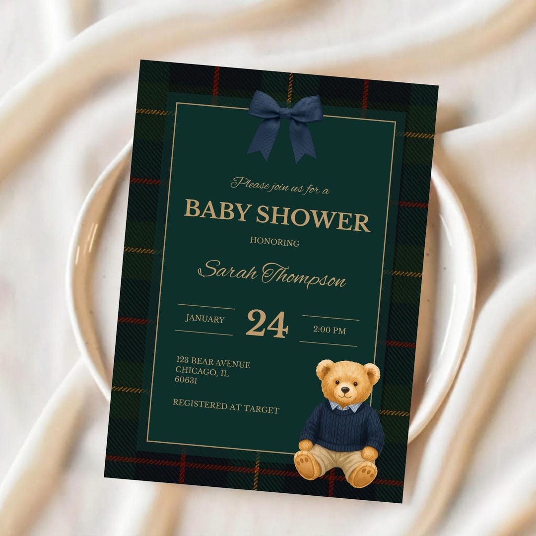 Polo Teddy Bear Baby Shower Invitation - Vintage, Preppy Theme (digital ...