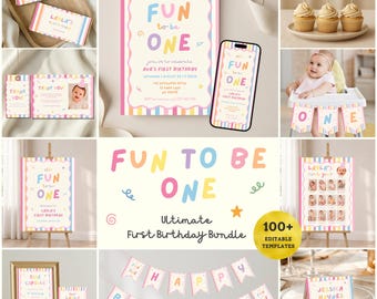 May include: A first birthday party stationery bundle featuring pastel striped borders and colorful text. Includes invitations, cupcake toppers, thank you cards, milestone photo boards, a time capsule sign, and a happy birthday banner with playful graphics.