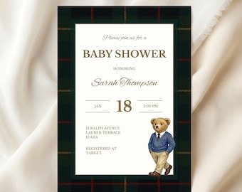 Polo Bear Baby Shower Invitation, Classic Preppy Plaid Baby Shower Invite, Heritage Style Digital Invitation | BS-25