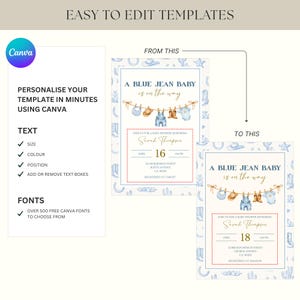 May include: A baby shower invitation template with a blue jean theme. The invitation features the text "A Blue Jean Baby is on the Way" and includes illustrations of cowboy boots, hats, and overalls. The template is customizable using Canva.