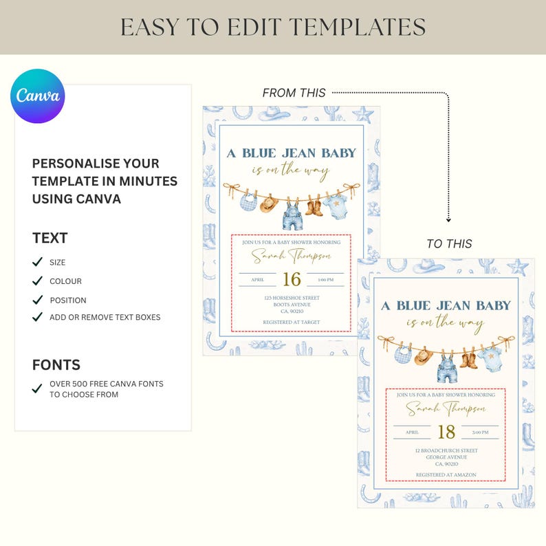 May include: A baby shower invitation template with a blue jean theme. The invitation features the text "A Blue Jean Baby is on the Way" and includes illustrations of cowboy boots, hats, and overalls. The template is customizable using Canva.