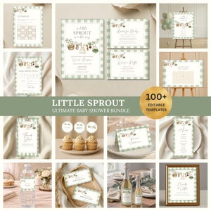 Kit per baby shower "Little Sprout" - Invito, cartelli, giochi e decorazioni per il baby shower (modelli Canva modificabili)