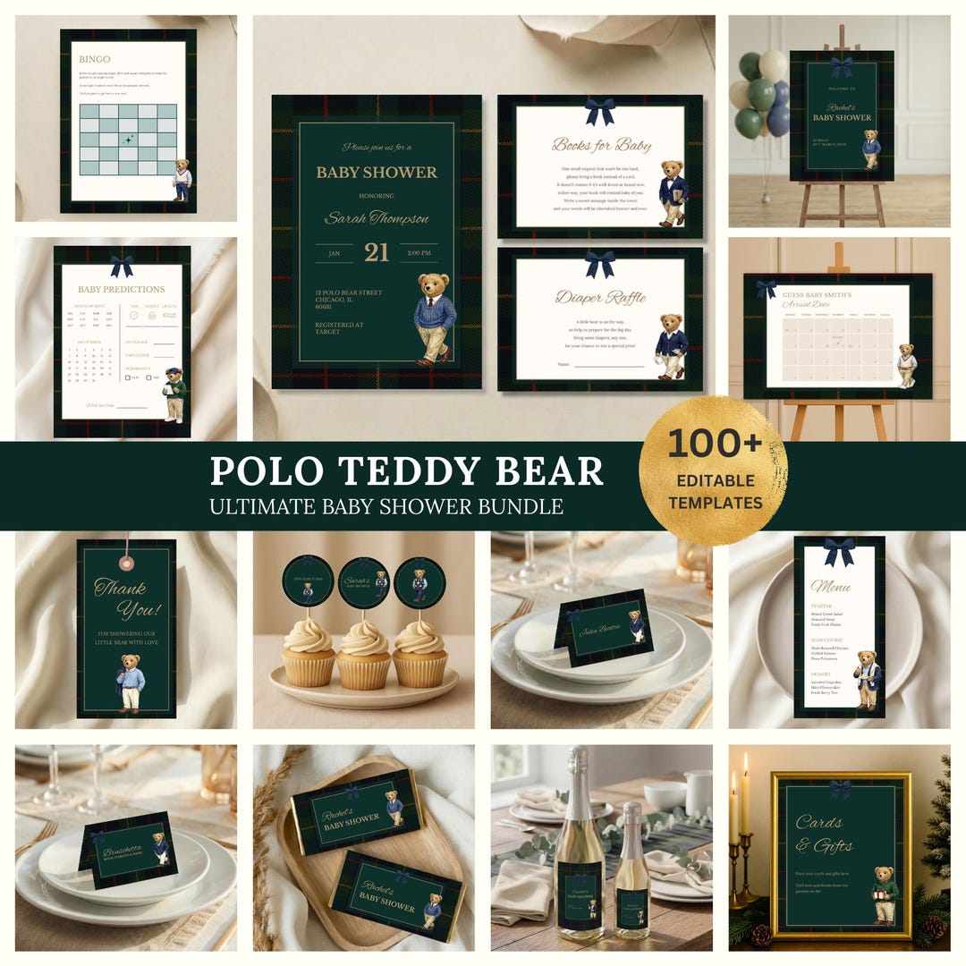 Polo Teddy Bear Baby Shower Bundle | Vintage Preppy Theme | Invitations ...