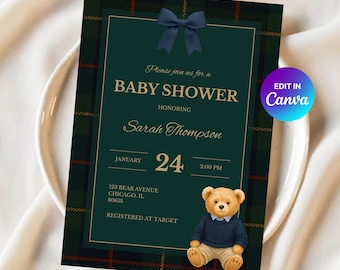 Polo Bear Baby Shower Invitation | Teddy Bear, Vintage, Preppy Theme | Canva Template