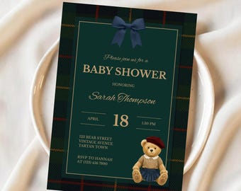 Girl Baby Shower Invitation | Preppy Vintage Teddy Bear Invite | Old Money Aesthetic | Editable Canva Template | BS-27
