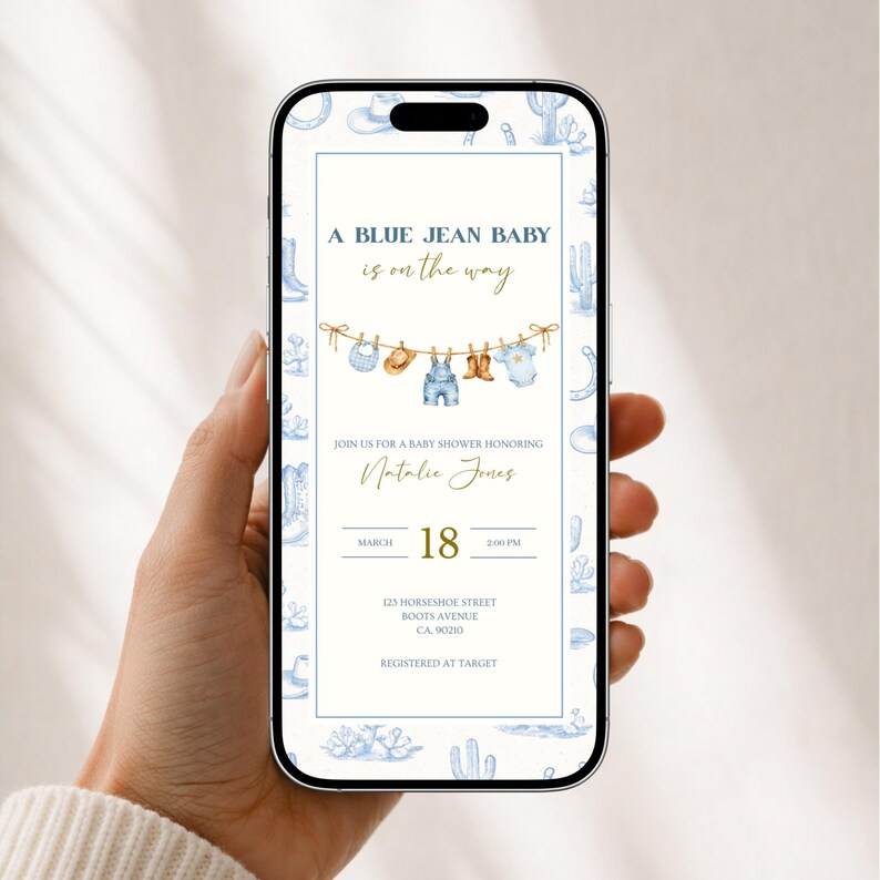 Blue Jean Baby Shower Invitation - Denim, Western Theme (Editable Canva Invite) image 3