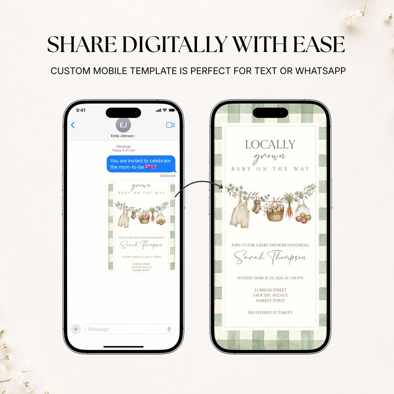 Op de afbeelding: Twee smartphones tonen een digitale uitnodigingssjabloon voor een babyshower met een groene ruitjesrand. De uitnodiging bevat een illustratie van een waslijn met baby-tuinbroekjes, sokjes en groenten, met de tekst LOCALLY GROWN BABY ON THE WAY.