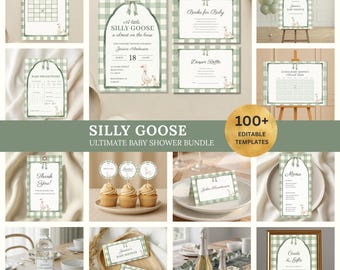 Silly Goose babyshowerbundel - uitnodigingen, spelletjes, welkomstbord, gunsten en meer - bewerkbare canvasjablonen (digitale download), BS-40