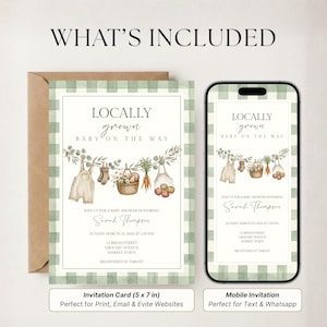 Op de afbeelding: Een uitnodigingsset voor een babyshower met een groene vichy-ruitrand en aquarelillustraties van babykleding, een mand met producten en wortels aan een waslijn. De tekst luidt LOCALLY grown BABY ON THE WAY en bevat de details van het evenement.