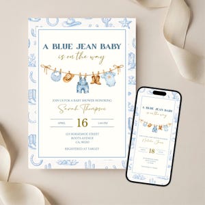 Blue Jean Baby Shower Invitation - Denim, Western Theme (Editable Canva Invite) image 2