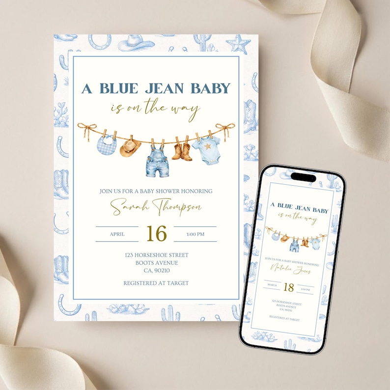 Blue Jean Baby Shower Invitation - Denim, Western Theme (Editable Canva Invite) image 2