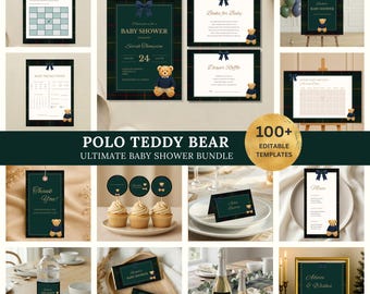 Bundel poloteddybeer babyshower - vintage, preppy decor - uitnodiging polobeer, spelletjes, welkomstbord en meer (digitale download), BS-20