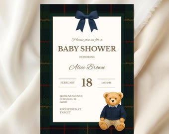 Vintage Teddy Bear Baby Shower Invitation – Preppy Plaid Canva Template (Digital Download), BS-20