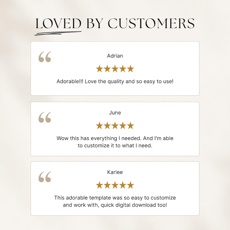 Op de afbeelding: Een klantbeoordelingsafbeelding met de titel LOVED BY CUSTOMERS met drie witte rechthoekige vakken. Elk vak bevat een naam, vijf gouden sterren en een getuigenis van Adrian, June en Karlee over de kwaliteit en het gebruiksgemak van een sjabloon.