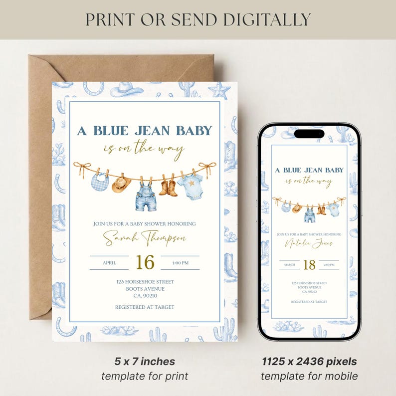 Blue Jean Baby Shower Invitation - Denim, Western Theme (Editable Canva Invite) image 9