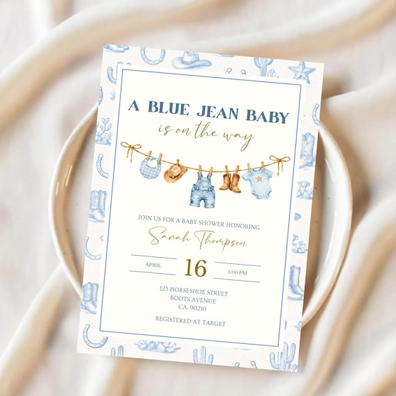 Blue Jean Baby Shower Invitation - Denim, Western Theme (Editable Canva Invite)