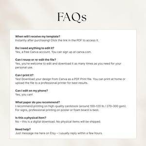 Op de afbeelding: Een digitale FAQ-sjabloon met zwarte tekst op een witte achtergrond. Het document bevat instructies voor het openen, bewerken en afdrukken van sjablonen via Canva, inclusief papieraanbevelingen van 270-300 gsm en informatie over ondersteuning.