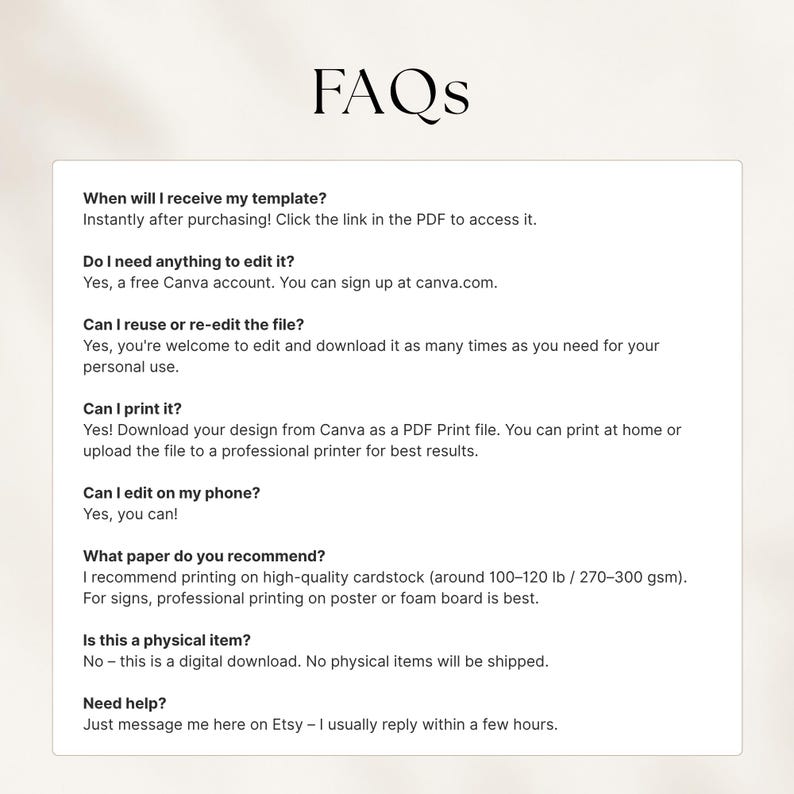 Op de afbeelding: Een digitale FAQ-sjabloon met zwarte tekst op een witte achtergrond. Het document bevat instructies voor het openen, bewerken en afdrukken van sjablonen via Canva, inclusief papieraanbevelingen van 270-300 gsm en informatie over ondersteuning.