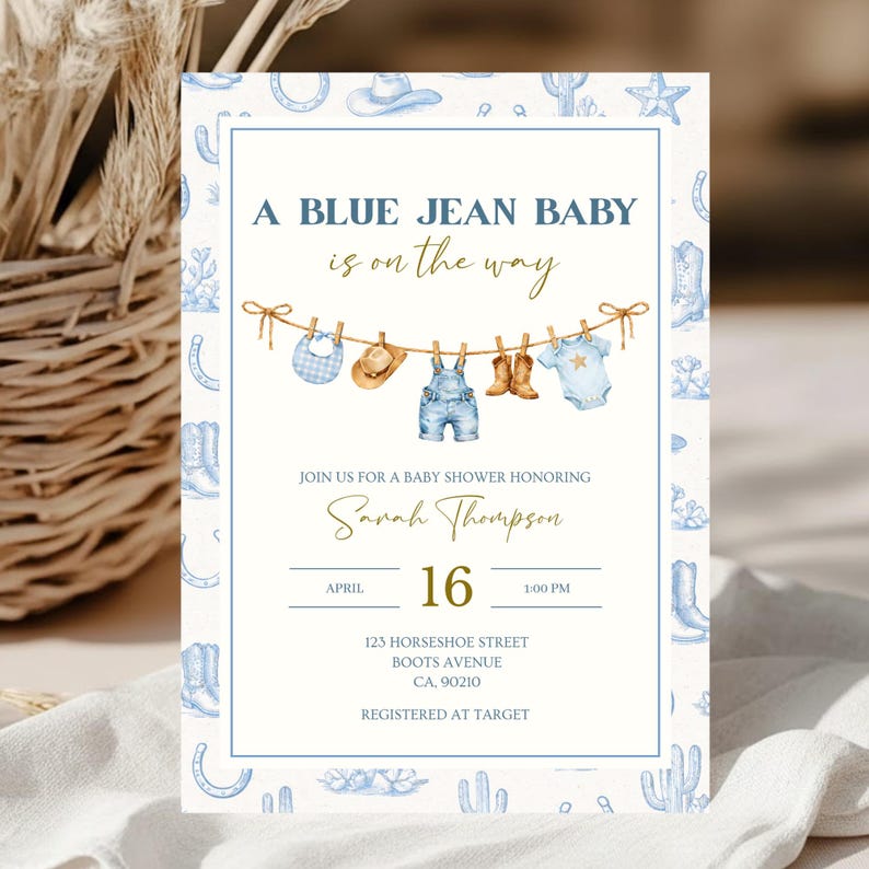 Blue Jean Baby Shower Invitation - Denim, Western Theme (Editable Canva Invite) image 6
