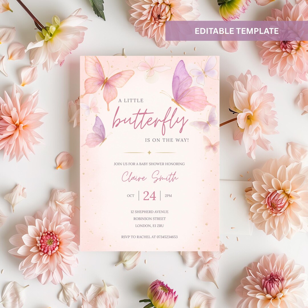 Editable Butterfly Baby Shower Invitation, Pink Girl Baby Shower Evite ...
