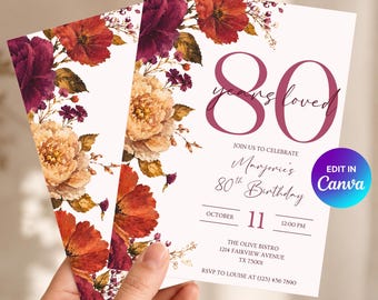 80th Birthday Invitation | 80 years loved, Fall Floral Invite | Canva Template