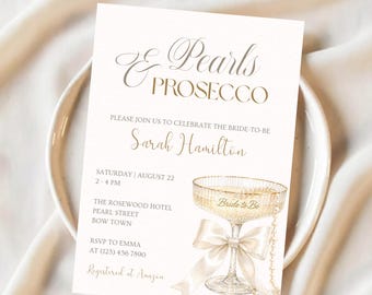 Pearls and Prosecco Bridal Shower Invitation - Pearls and Prosecco Invite, Champagne Bachelorette Invite (Editable Canva Template)