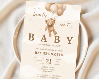 We Can Bearly Wait babyshower uitnodiging - Boho Bear babyshower, teddybeer babyshower uitnodiging (bewerkbare canvassjabloon)