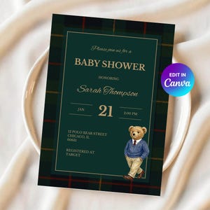Zaproszenie na baby shower z misiem Polo | Motyw vintage, elegancki, w kratę | Szablon Canva