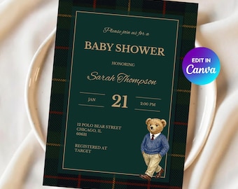 Polo Bear Baby Shower Invitation | Vintage, Preppy, Plaid Theme | Canva Template