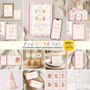 May include: A digital party decoration bundle featuring a pastel striped theme with the text Fun to be One. Includes invitations, cupcake toppers, thank you cards, a menu, water bottle labels, and a time capsule sign for a first birthday.