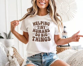 Helping Tiny Humans Teacher Retro T-Shirt | Preschool Teacher Appreciation Shirt | Back To School Teacher Gift Idea | Teacher Shirt