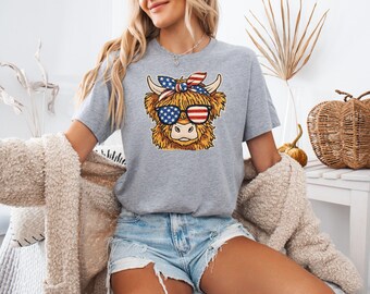 Highland Cow USA Shirt, American Flag Cow Tee, Independence Day Western Shirt, Red White Blue Country Summer Tee, Gift for Her