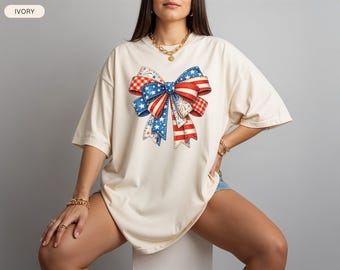 Patriotic Bow Shirt, Comfort Colors Shirt, Coquette USA Tee, American Flag Ribbon Shirt, Fourth of July Cute Tee, USA Flag Bow Shirt