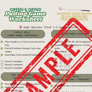 Putting Game Worksheet for Golf Practice | Printable Golf Drills for Confidence and Scoring | Green & Grind | PDF Download