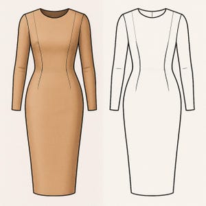 K&ouml;nnte beinhalten: Zwei lang&auml;rmlige Kleider werden gezeigt. Das Kleid auf der linken Seite ist einfarbig beige, w&auml;hrend das Kleid auf der rechten Seite eine Strichzeichnung in Schwarz auf wei&szlig;em Hintergrund ist. Beide Kleider haben einen runden Ausschnitt und eine taillierte Silhouette.