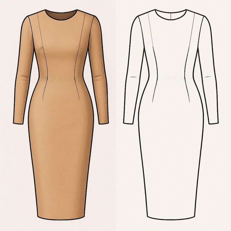 K&ouml;nnte beinhalten: Zwei lang&auml;rmlige Kleider werden gezeigt. Das Kleid auf der linken Seite ist einfarbig beige, w&auml;hrend das Kleid auf der rechten Seite eine Strichzeichnung in Schwarz auf wei&szlig;em Hintergrund ist. Beide Kleider haben einen runden Ausschnitt und eine taillierte Silhouette.