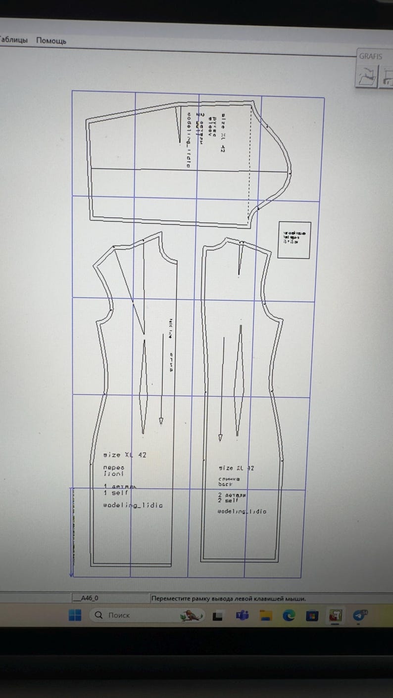 May include: A digital image of a dressmaking pattern displayed on a computer screen. The pattern includes various pieces labeled with sizes XL 42 and L 32, along with text in a foreign language. The pattern is on a grid.