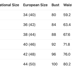 May include: A clothing size chart showing international and European sizes, with bust, waist, and hip measurements in centimetres. Sizes range from XS to 2X, with corresponding measurements.